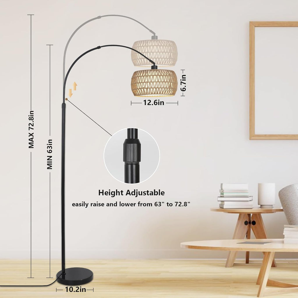Arc Floor Lamps with 3 Color Temperatures, Black Standing Lamp with Remote & Dimmable LED Bulb, Rattan Boho Floor Lamp