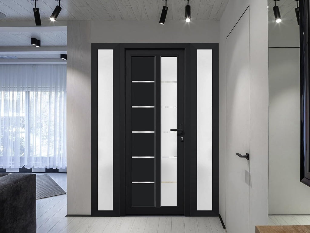 Front Exterior Prehung Fiberglass Door Frosted Glass/Manux 8088 Matte Black / 2 Side Exterior Windows/Entrance Patio