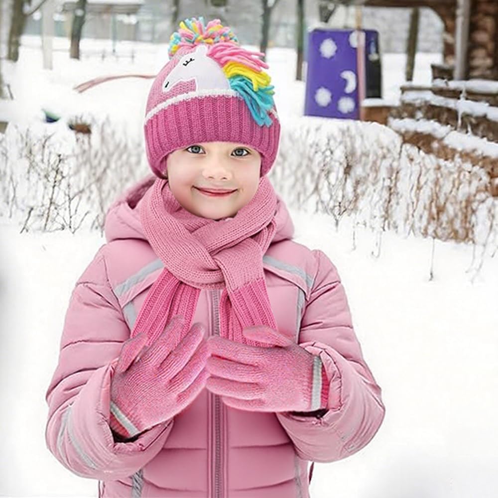 Knitted Kids Winter Hat Gloves Scarf Set, Toddler Unicorn Beanie Hats with Top Pom for Girls 3-6 Red