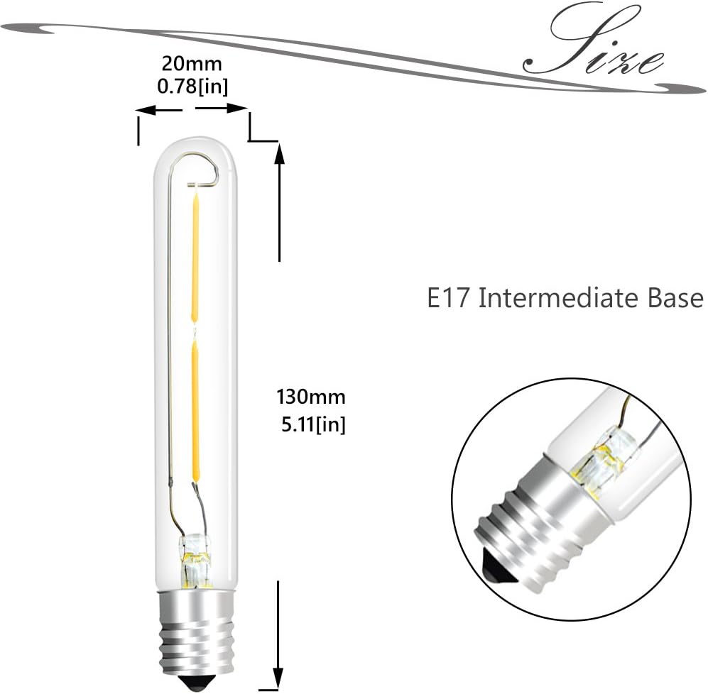 LED T6.5 Tubular Filament Bulb, 2W T6.5 LED Appliance Light Bulb E17 Intermediate Base, 20W Incandescent Equivalent
