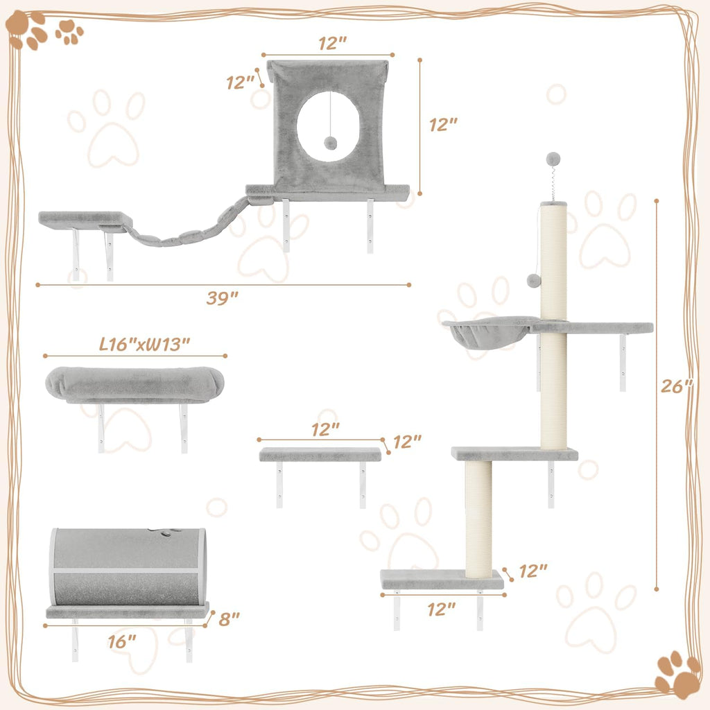 Cat Wall Shelves, 7 Pcs Wall-Mounted Cat Climber Set, Gray
