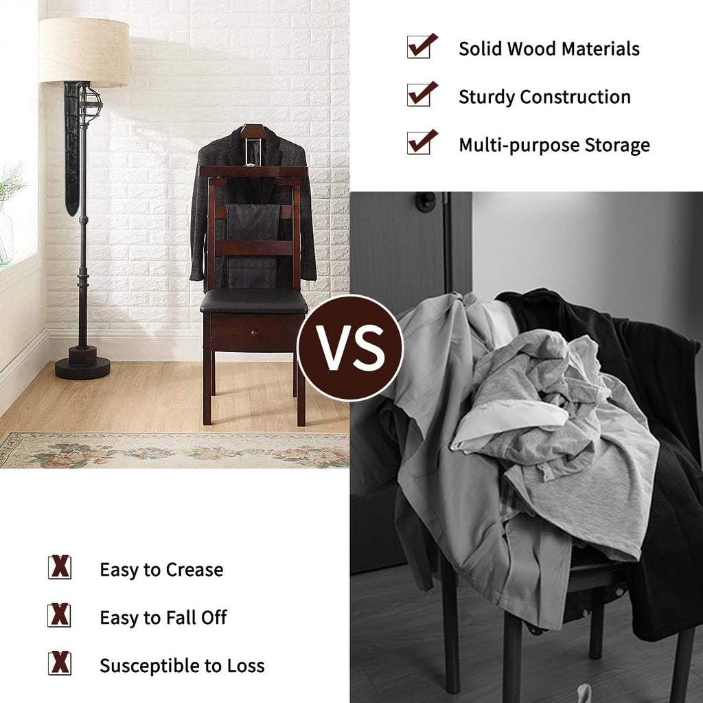 Chair Valet With Drawer Wooden Suit Valet Stand With Hanger for Men/Women