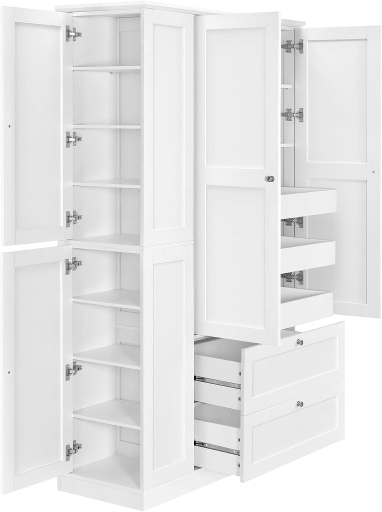 73.6" Tall Farmhouse Kitchen Pantry Cabinet with 7 Shelves, 2 Drawers, 3 Pull-Out Trays, 6 Doors and Side Cabinets
