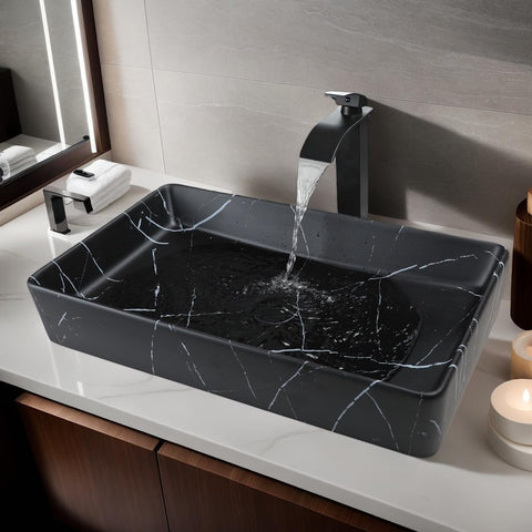 Ceramic 24x14 Inch Bathroom Sink,Vessel Sink with Faucet and Drain Combo Black Vessel Sink Rectangle Marble Bathroom