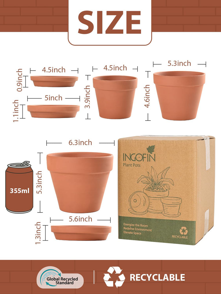 Terracotta Pots Set with Saucer - 5/6/7 inch Ceramic Clay Planters with Drainage Hole, Garden Flower Succulent Pots