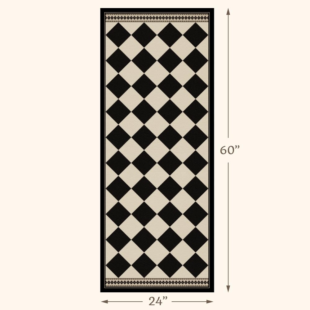 Black and White Checkered Easy Jute Laundry Room Rug Runner, Laundry Floor Mat, Washable Non Slip Diamond Boho