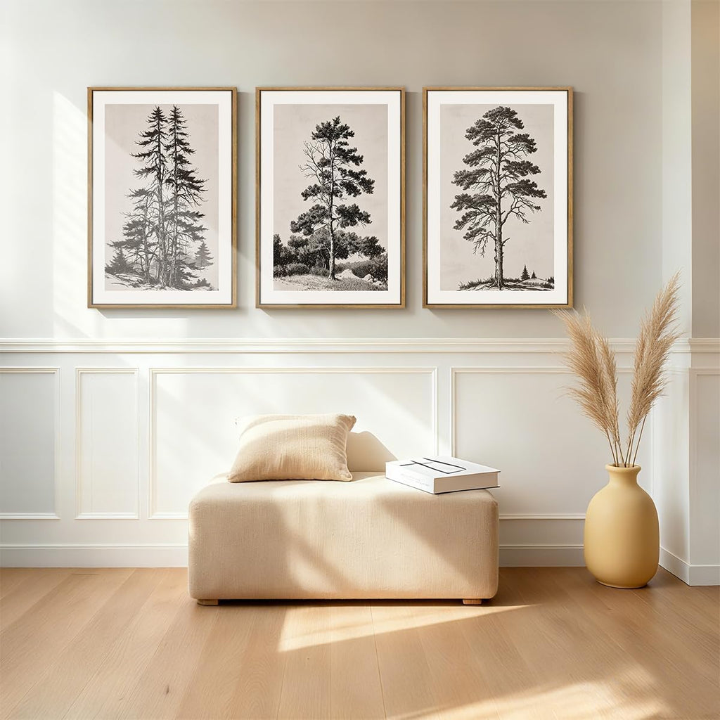 Vintage Tree Sketch Framed Canvas Wall Art 24x36 Inch Neutral Wilderness Forest Paintings Retro Botanical Wall Decor