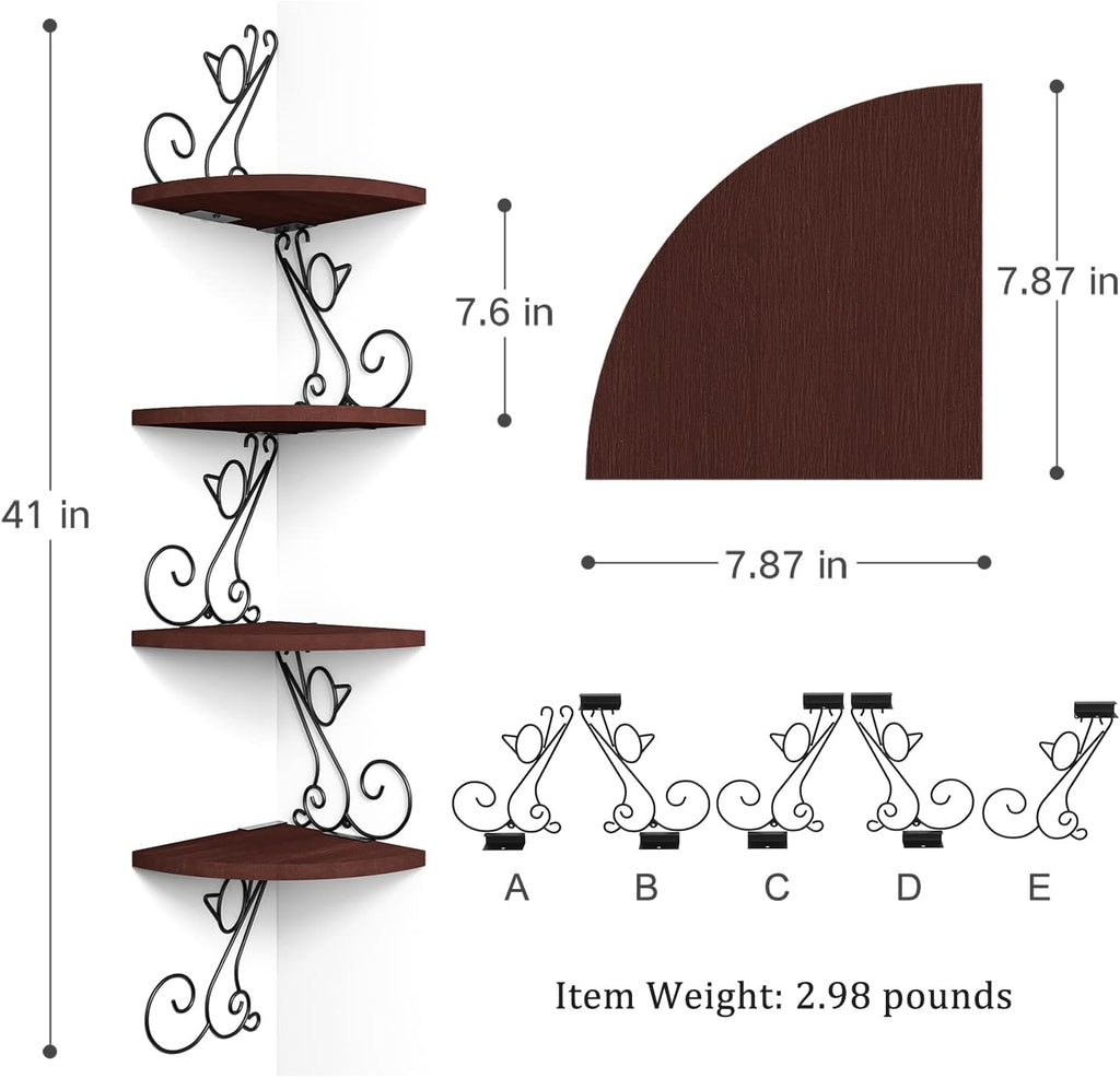 4-Tier Cat Shaped Corner Floating Shelf Wall Mount, Walnut