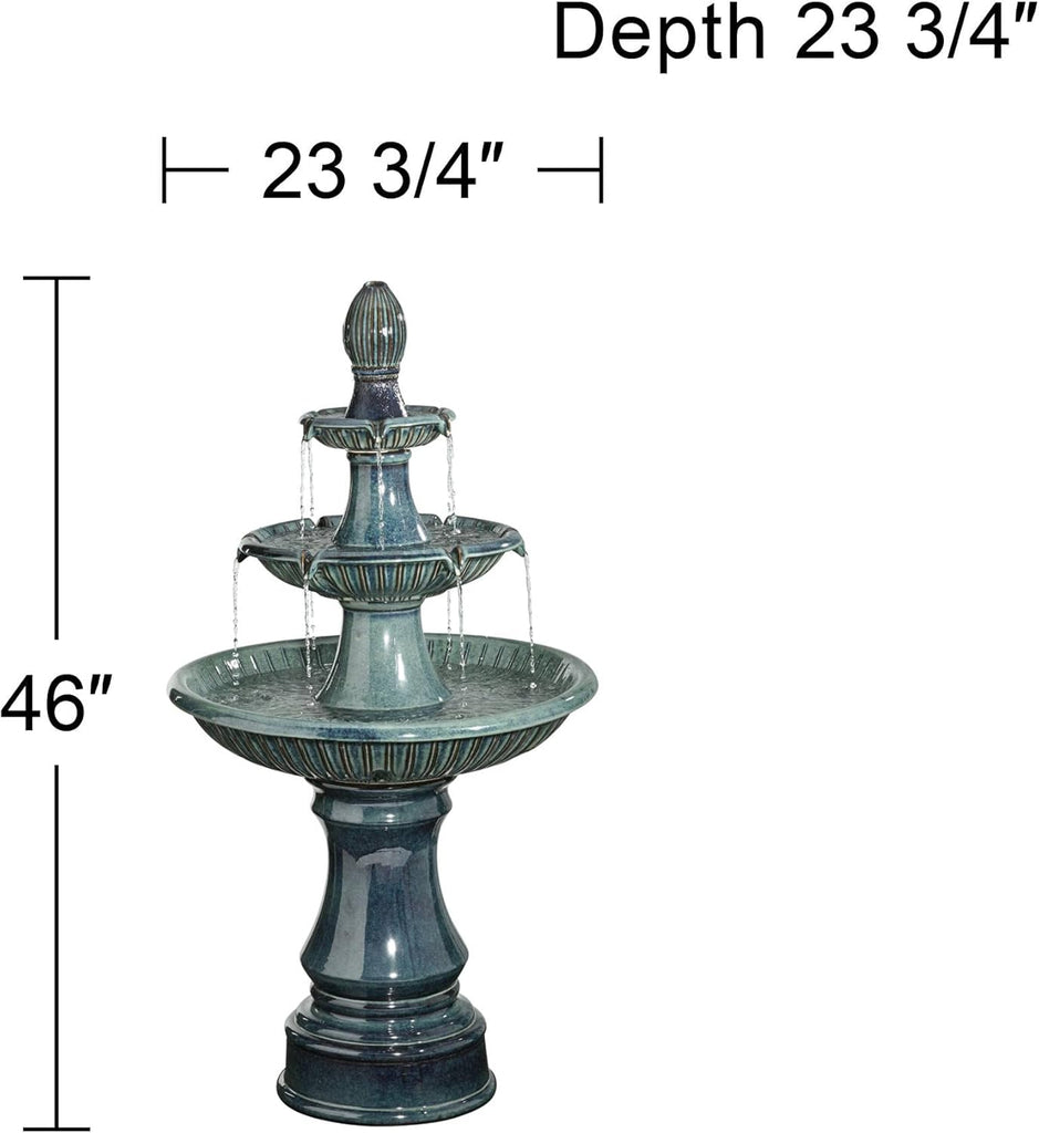 Formentera 46" High Large Italian Indoor Outdoor Decor Teal Blue Ceramic Floor Fountain with Light LED Waterfall