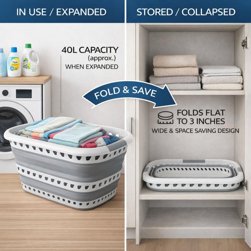Collapsible Laundry Basket 40L | Portable | Space Saver Storage | Hold 2 Loads | Store Under the Bed or Closet | Good