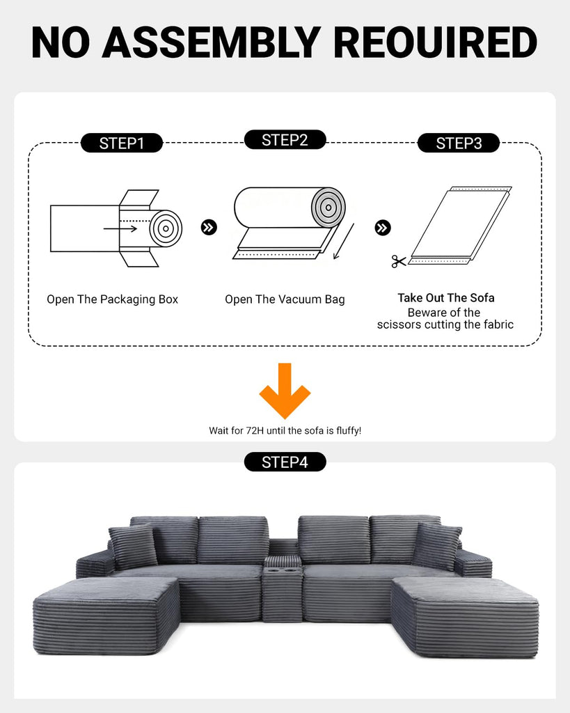 142" U-Shaped Sectional Sofa, Cloud Boneless Couch, Grey