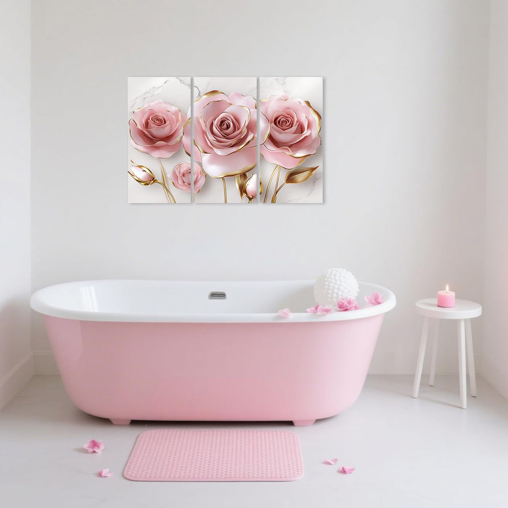 Pink Rose Canvas Wall Art Abstract Pink and Gold Wall Decor 3 Pieces Luxury Floral Painting Floral Marble Picture