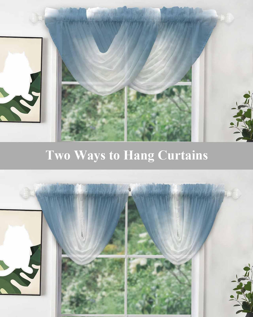 Blue Waterfall Valance Curtains Blue Ombre Sheer Swag Valances for Window, Gradient Blue and White Rod Pocket Elegant