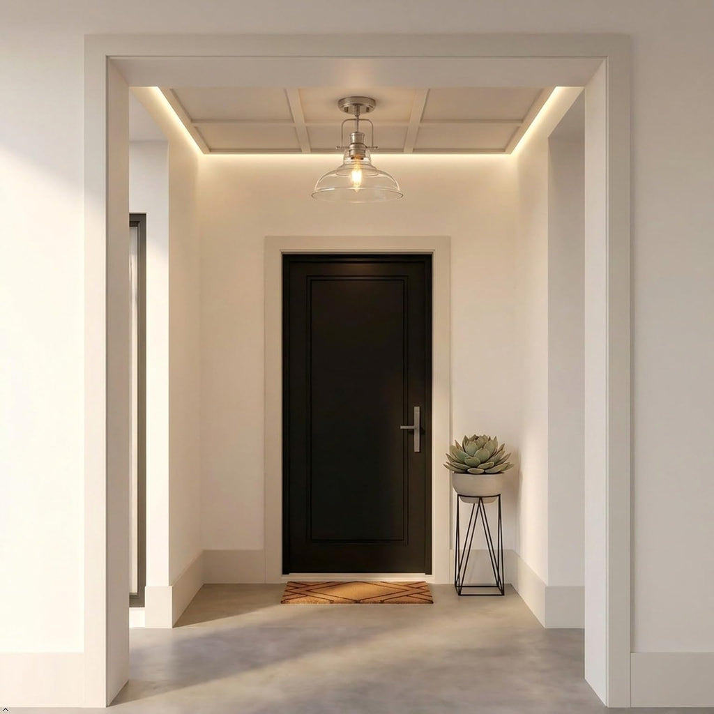 Semi Flush Mount Ceiling Light Fixture, Brushed Nickel Farmhouse Light Fixtures with Clear Glass Shade, Modern
