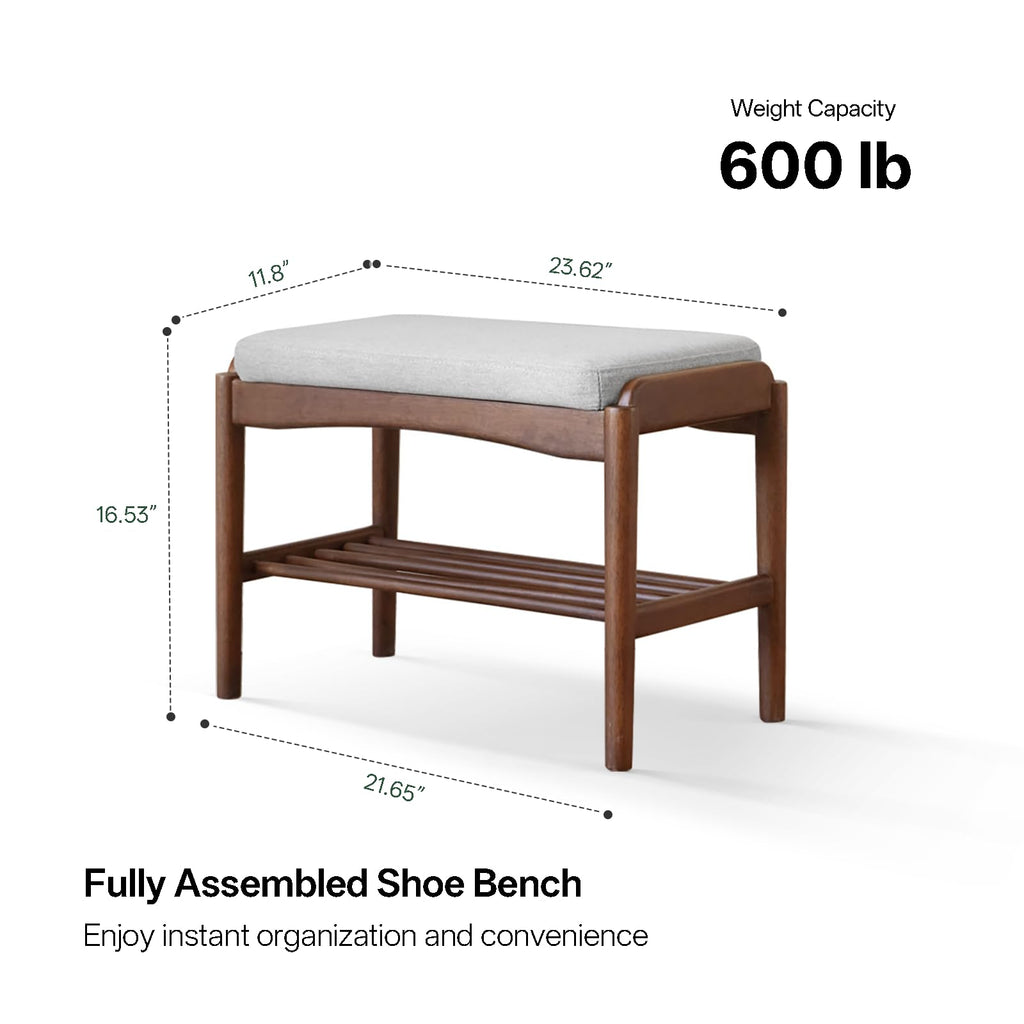 Black Walnut Shoe Bench Assembled, Solid Wood Shoe Rack Bench with Cushion, 11.8" x 23.6" x 16.5"