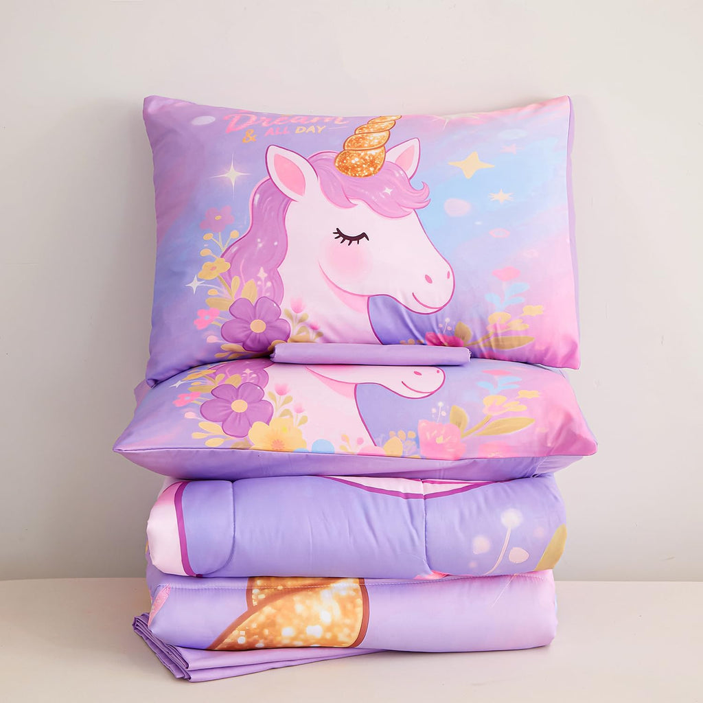Twin Comforter Set for Girls 5 Piece Unicorn Bedding Set for Girls Super Soft Microfiber Bed Set Bed in a Bag with