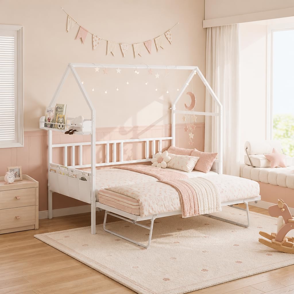 Daybed with Trundle, House Shaped Twin Bed Frame, White