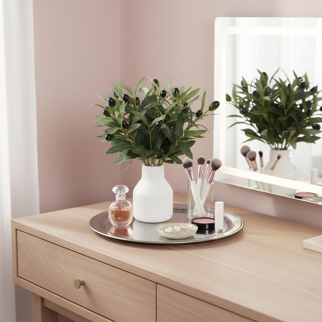10Pcs Faux Olive Branches with Ceramic Vase
