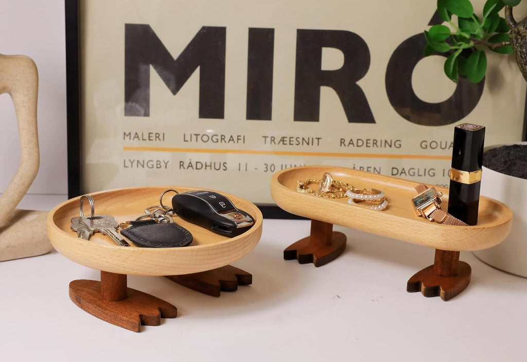 Wood Key Bowl for Entryway Table, Key Tray, Jewelry Tray, Valet Tray with 2 Cute Duck Feet, for Rings, Coins