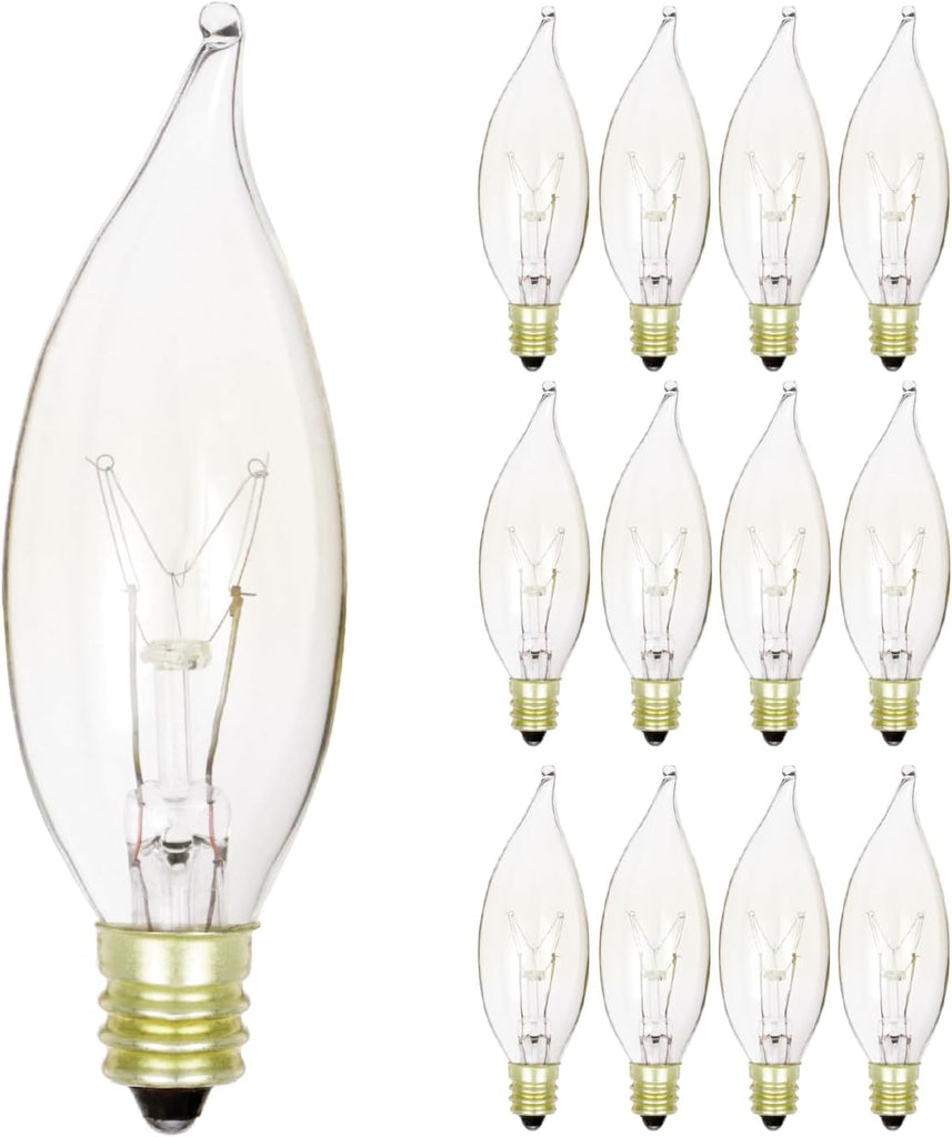 Pack of 12) 15 Watt Clear Candelabra Base (E12) Flame Tip 120V Decorative Dimmable Chandelier Lights Bulbs