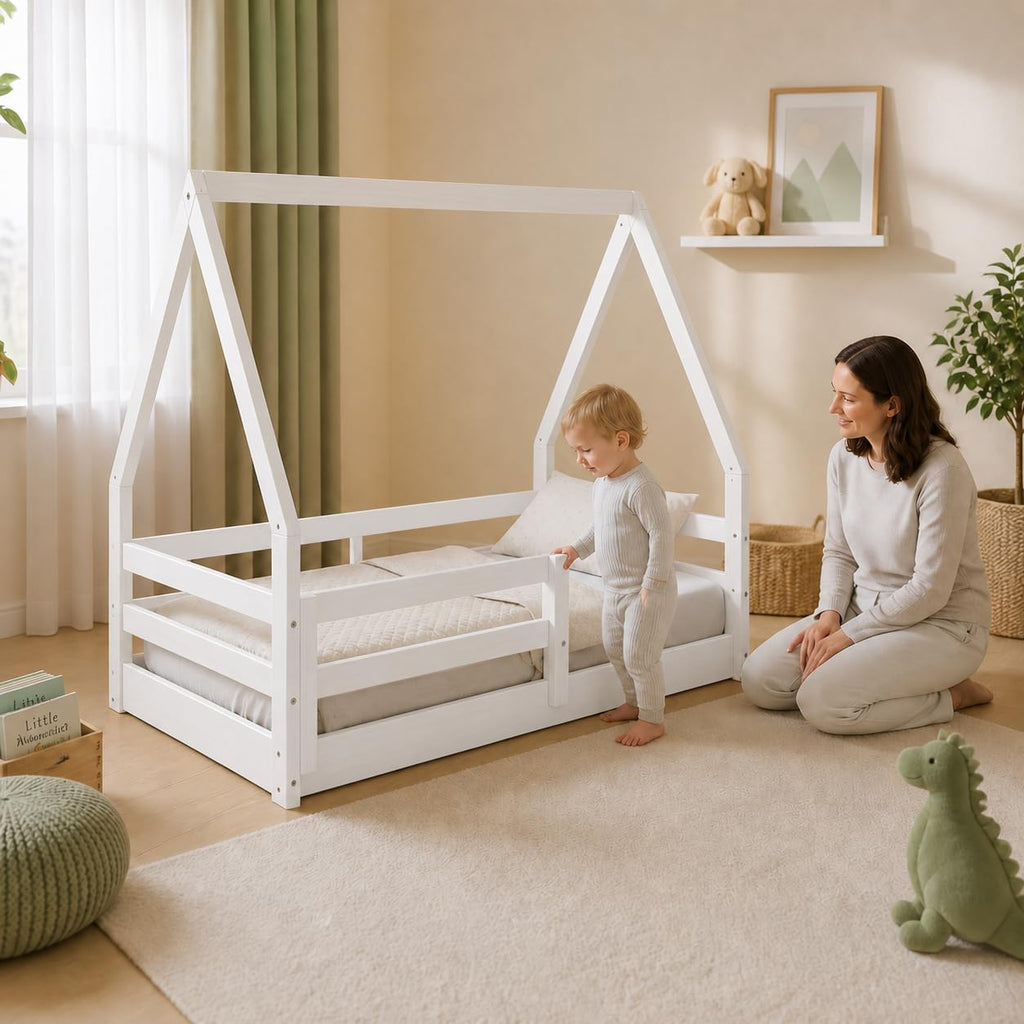 The Tree Montessori Floor Bed House Frame Canopy, White Finish