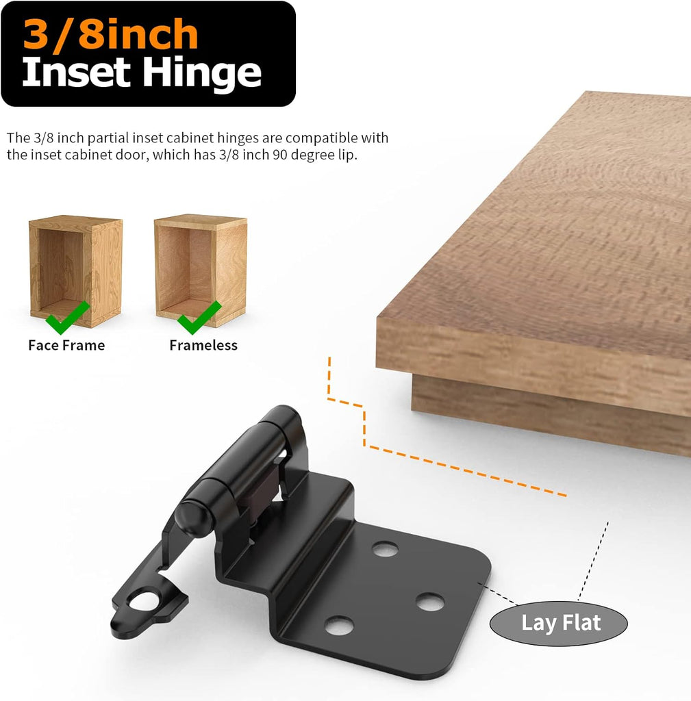 3/8 Inch Inset Cabinet Hinges, 25 Pairs(50 Pack) Self Closing Flush Face Mount Hinges with Door Bumper, Variable