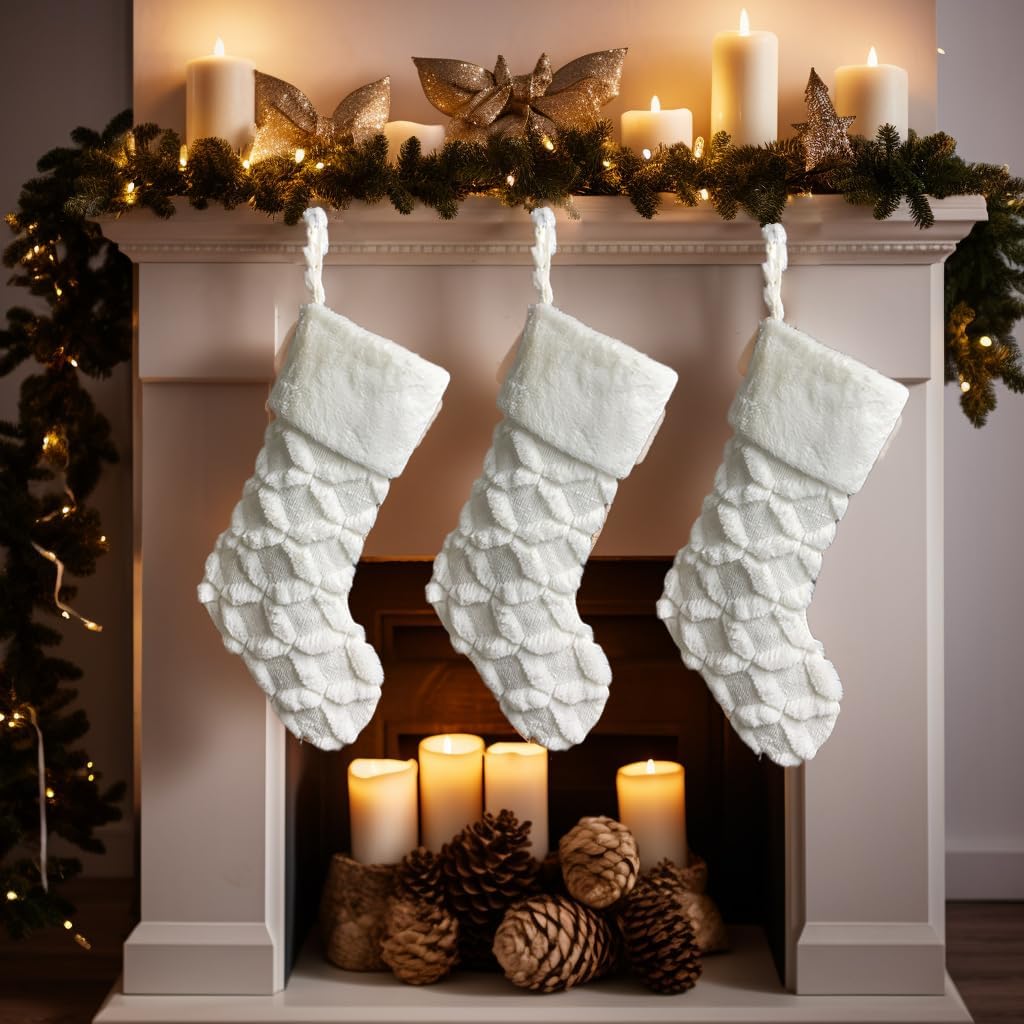 Inch Faux Fur Christmas Stockings Cable Knit Knitted Thick Snowy White Xmas Christmas Stockings Hanging - Set of 3