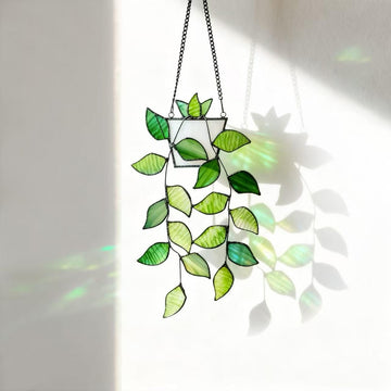 Stained Glass Window Hanging, Green Leaf Plant Suncatcher Decor