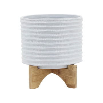Ceramic Planter with Bamboo Stand - Modern Home Decor Indoor Plant Pot with Textured Stoneware Design - Decorative