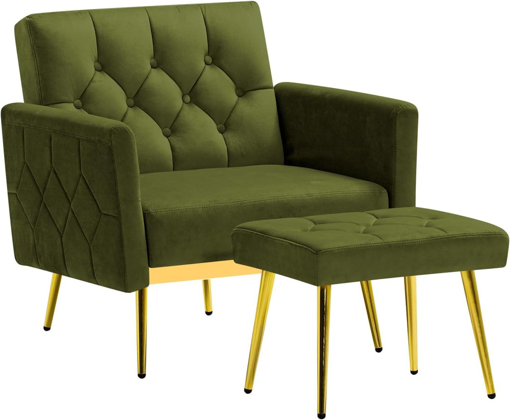 Velvet Accent Chair w/Adjustable Armrests and Backrests, Tufted Single Sofa with Ottoman, Upholstered Reading Chiar