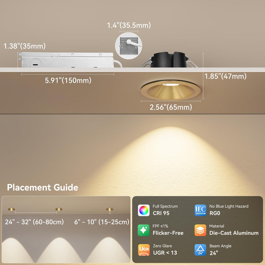 2 Inch Anti-Glare Gold Recessed LED Lights COB Spotlight, 6-Pack