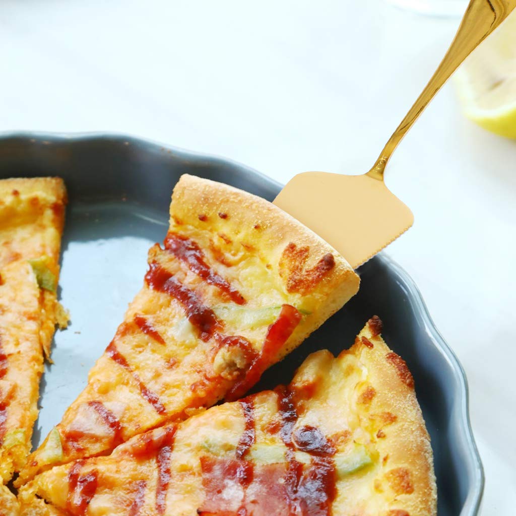 Gold Cake Servers, 9" Stainless Steel Pie Spatula with Serrated Edge, Dishwasher Safe Pizza Utensils