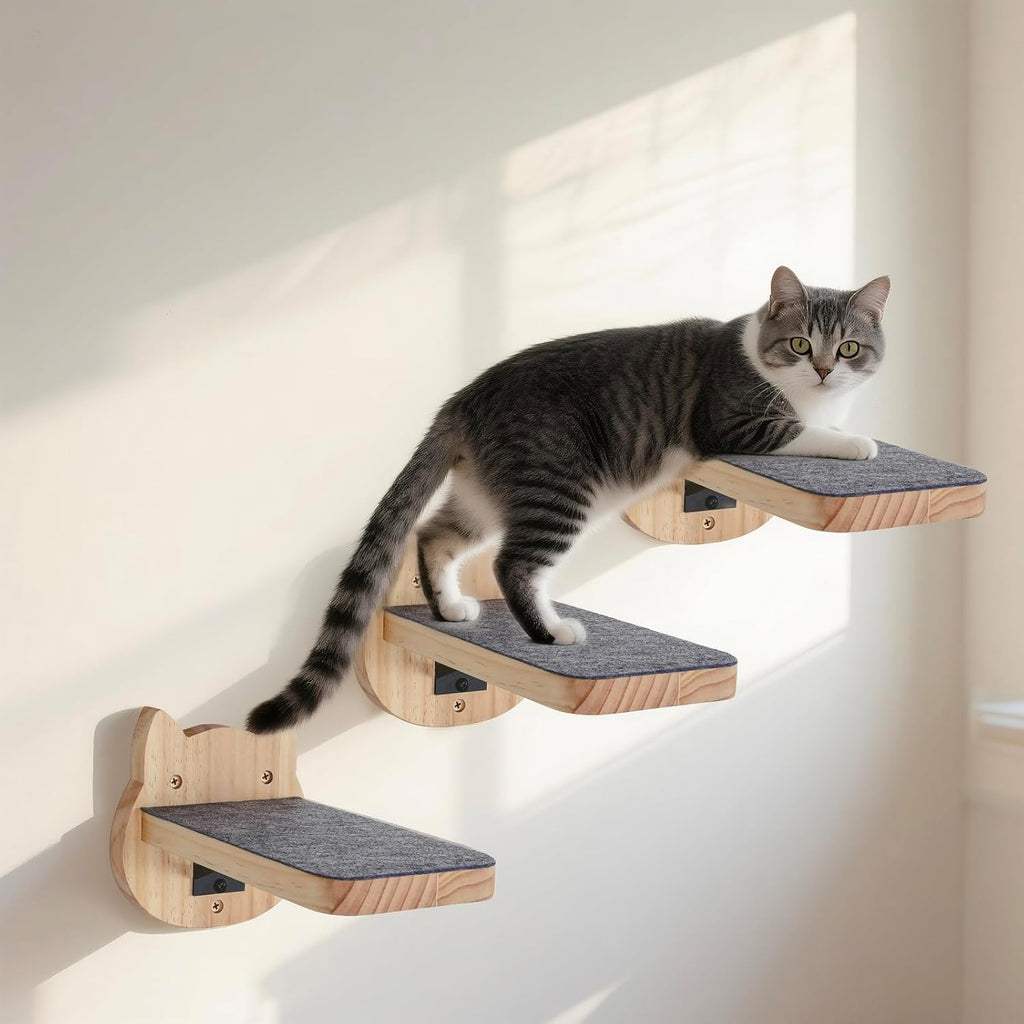 Natural Solid Wood Cat Wall Floating Steps, Set of 3