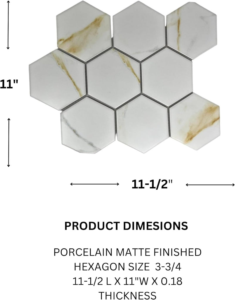 Milano 4" Calacatta Gold Look Hexagon Porcelain Tile Matte Finish for Floor Wall Kitchen Backsplash Bathroom Shower