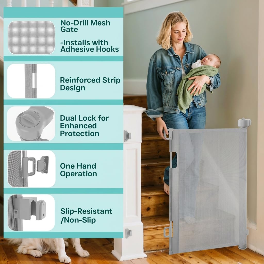150 Inch Extra Wide Retractable Baby Gate,Mesh Baby Gate or Mesh Dog Gate,34" Tall,Child Safety Gate for Doorways