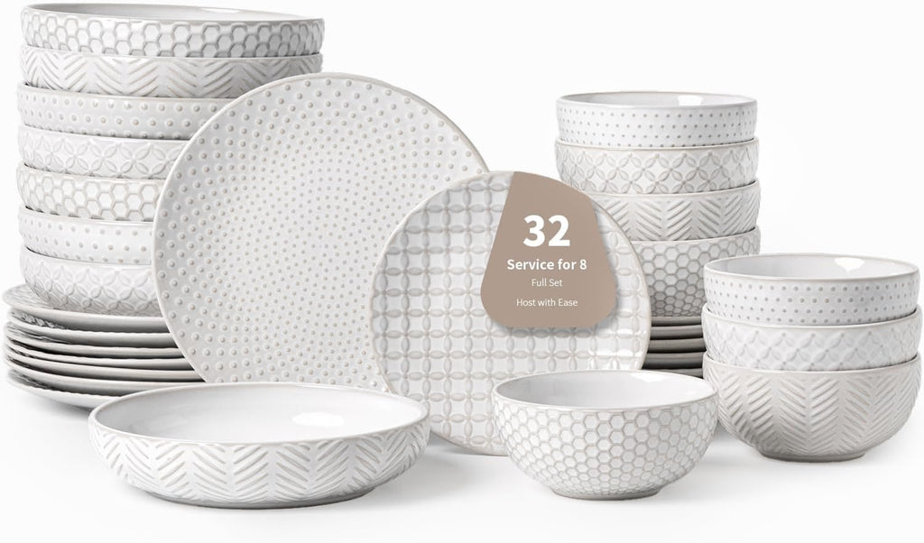 32-Piece Luxury Dinnerware Set,Complete Plates and Bowls Set for 8,Upscale Ceramic Dish Set for Hosting
