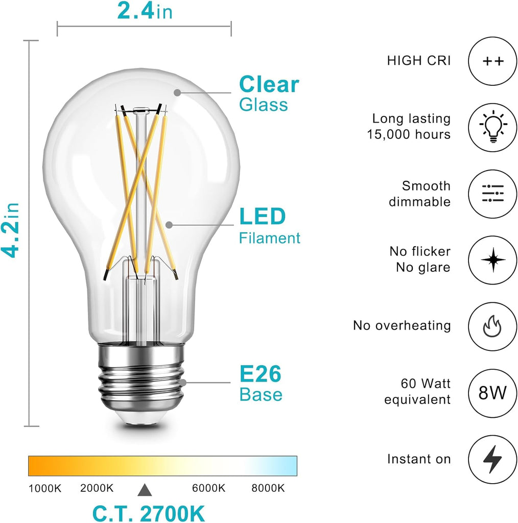 12 Pack A19 Vintage LED Edison Bulbs, Dimmable, 60W Equivalent, High Brightness 2700K Warm White, 8W E26 Standard