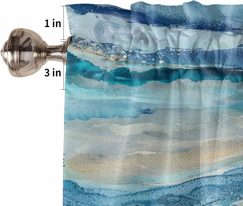Coastal Beach Valances - Navy Blue Kitchen Curtains - Abstract Blue Wave Window Treatment - Modern Ombre Valances