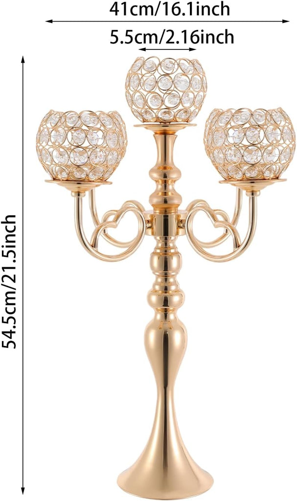 2 Pcs 5 Arms Candelabra Centerpieces with Crystal Pendant, 21.5 inch Tall Crystal Candle Holder Branch Shaped Wax
