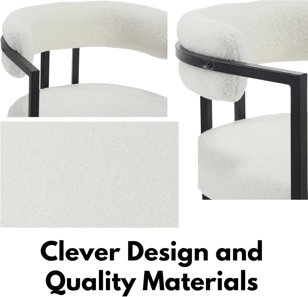 White Sherpa Dining Chairs Set of 4, Modern Boucle Barrel Dining Chairs with Comfy Back