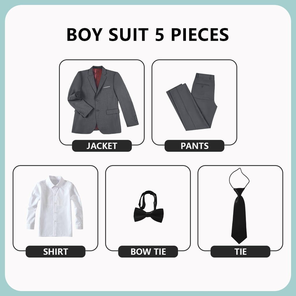 Boys Formal Suits Slim Fit 5 Piece Kids Jacket Pants Set with Shirt Tie