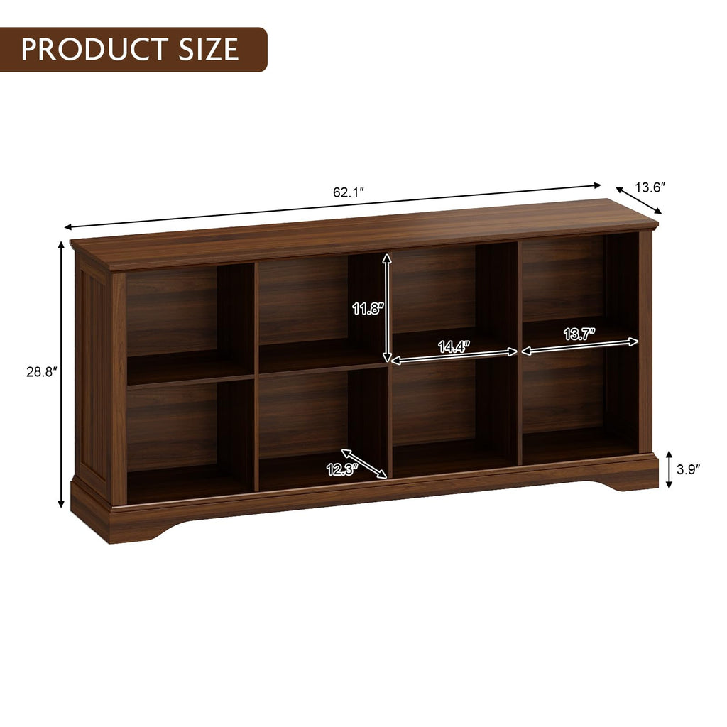 8 Cube Storage Organizer, 62" Long Low Horizontal Bookshelf, Walnut