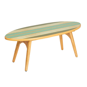 Coastal Decorative Surfboard Coffee Table, Stripe Overlaid On Natural Wood