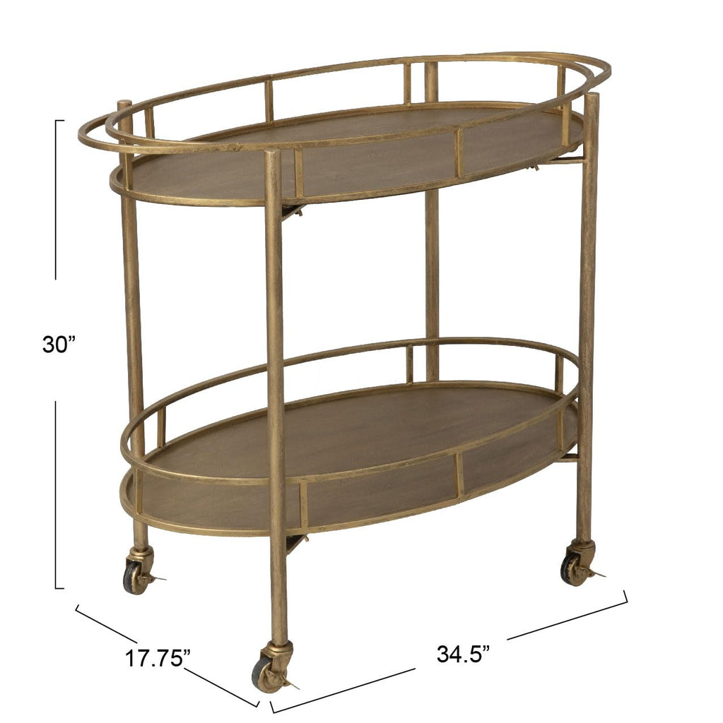 Oval 2-Tier Metal Bar Cart with Wheels, Antique Gold