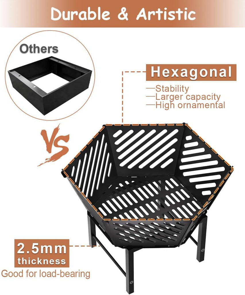 22.5 Inch Portable Hexagon Fire Pit with Travel Bag