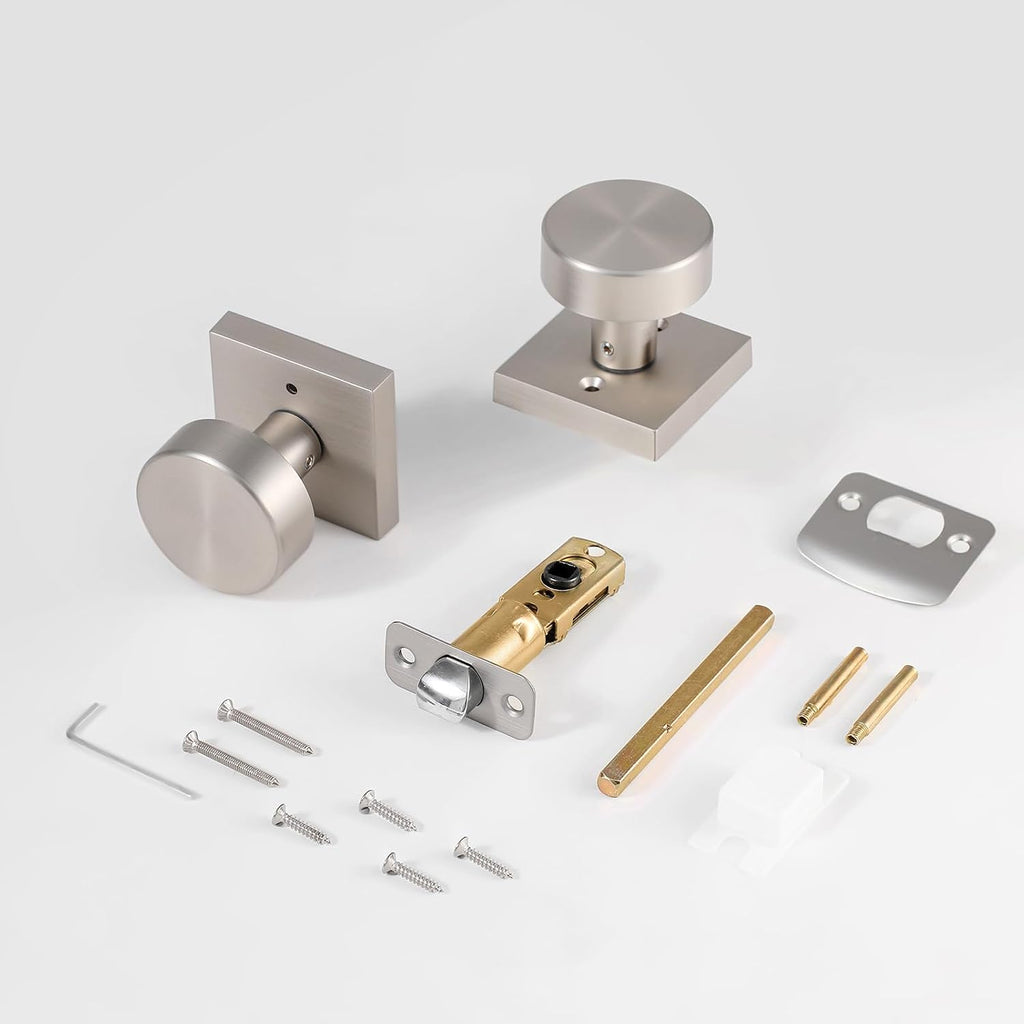 Satin Nickel Passage Door Knobs Interior, Brushed Nickel Door Knob for Closet and Hallway, Modern Interior Round Door