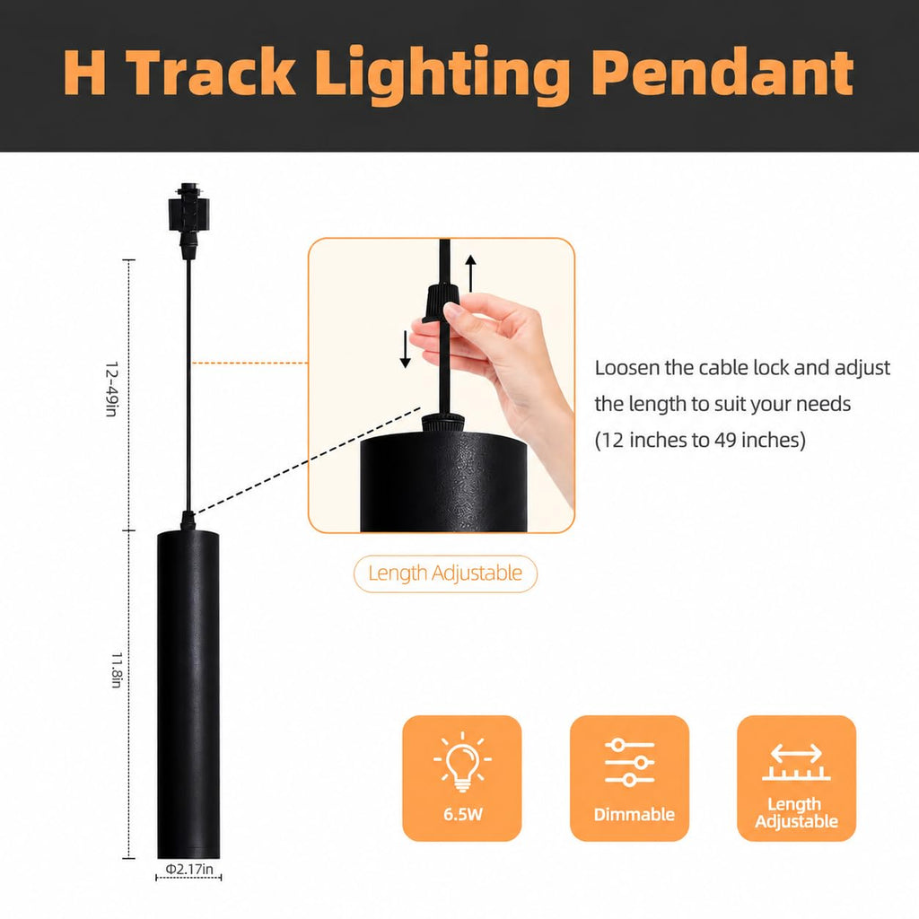 H Track Pendant Lights with Adjustable Cord, Black 6.5W 6 Pack