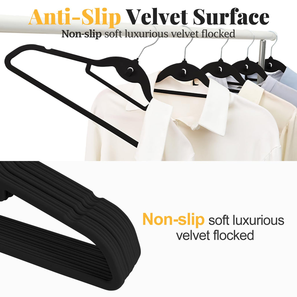 Velvet Felt Stackable Hangers 50 Pack, Thin & Space Saving, Black