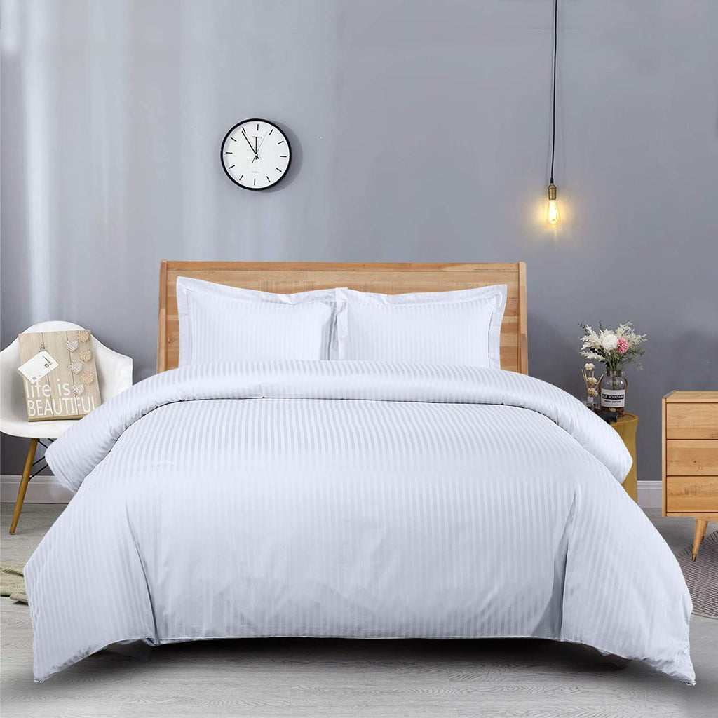 Damask Striped 600-Thread-Count, 100-Percent Cotton 3PC King-California King Duvet Cover Set with Buttons Enclosure