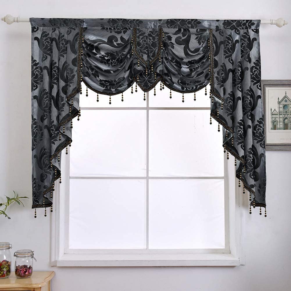 Halloween Black Waterfall Valance for Windows Luxury Gothic Valance Curtains, Bay Window, Jacquard Damask Window
